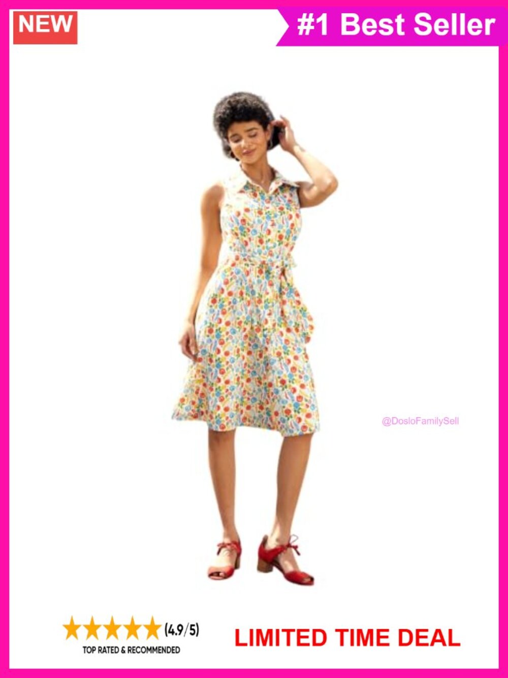 Sleeveless Cotton Shirt Dress with Pockets Button Front Midi Tie Waist
